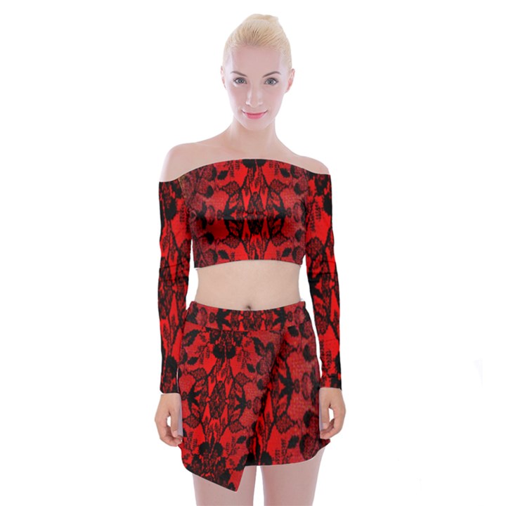 Bright Red fashion lace design by FlipStylez Designs Off Shoulder Top with Mini Skirt Set