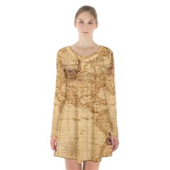 Map Discovery America Ship Train Long Sleeve Velvet V-neck Dress