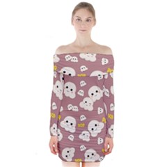 Cute Kawaii Popcorn Pattern Long Sleeve Off Shoulder Dress by Valentinaart