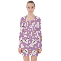 Cute Kawaii Popcorn Pattern V-neck Bodycon Long Sleeve Dress by Valentinaart