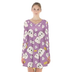 Cute Kawaii Popcorn Pattern Long Sleeve Velvet V-neck Dress