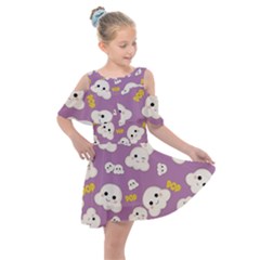 Cute Kawaii Popcorn Pattern Kids  Shoulder Cutout Chiffon Dress