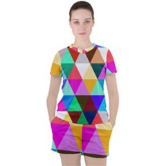 Triangles Pattern                                                    Women s Mesh Tee And Shorts Set