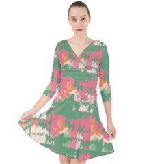 Pink Scratches On A Green Background                                                        Quarter Sleeve Front Wrap Dress