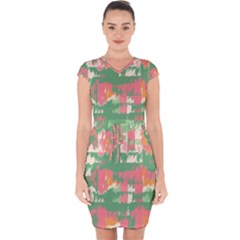 Pink Scratches On A Green Background                                             Capsleeve Drawstring Dress