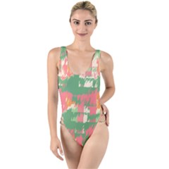 Pink Scratches On A Green Background                                                    High Leg Strappy Swimsuit