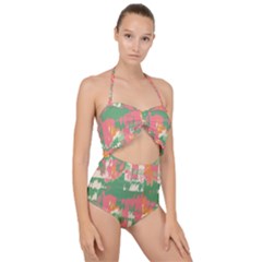 Pink Scratches On A Green Background                                                     Scallop Top Cut Out Swimsuit