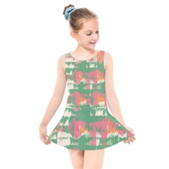 Pink Scratches On A Green Background                                                Kids  Skater Dress Swimsuit