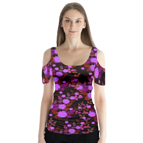 Purple Red  Roses Butterfly Sleeve Cutout Tee  by snowwhitegirl