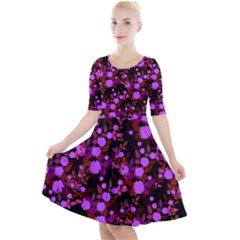 Purple Red  Roses Quarter Sleeve A-line Dress