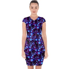 Purple Blue  Roses Capsleeve Drawstring Dress 