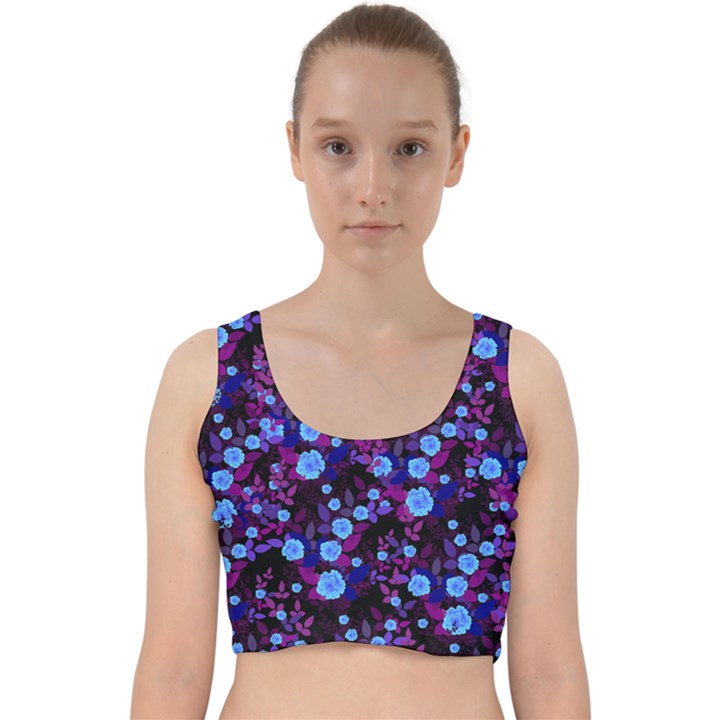 Purple Blue  Roses Velvet Racer Back Crop Top