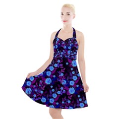 Purple Blue  Roses Halter Party Swing Dress 