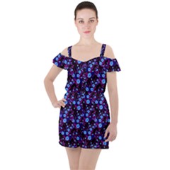 Purple Blue  Roses Ruffle Cut Out Chiffon Playsuit by snowwhitegirl