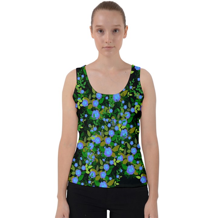 Blue Luminescent Roses Velvet Tank Top