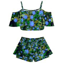 Blue Luminescent Roses Kids  Off Shoulder Skirt Bikini