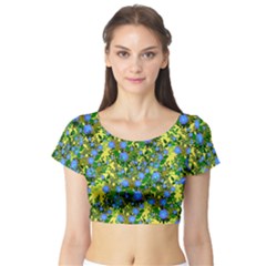 Blue Luminescent Roses Yellow Short Sleeve Crop Top by snowwhitegirl