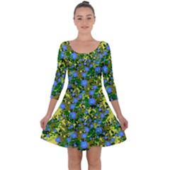 Blue Luminescent Roses Yellow Quarter Sleeve Skater Dress