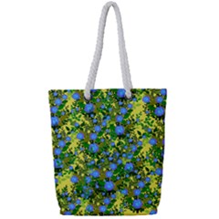 Blue Luminescent Roses Yellow Full Print Rope Handle Tote (small)