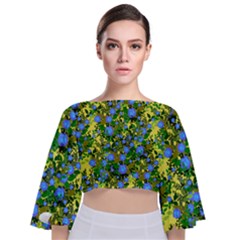 Blue Luminescent Roses Yellow Tie Back Butterfly Sleeve Chiffon Top