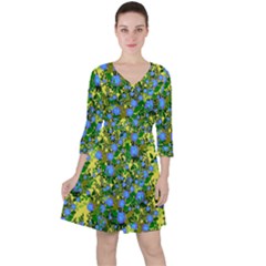 Blue Luminescent Roses Yellow Ruffle Dress