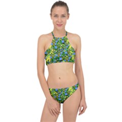 Blue Luminescent Roses Yellow Racer Front Bikini Set