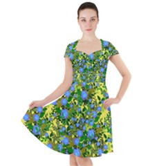 Blue Luminescent Roses Yellow Cap Sleeve Midi Dress