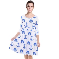 Vintage Face Anchor Blue Quarter Sleeve Waist Band Dress