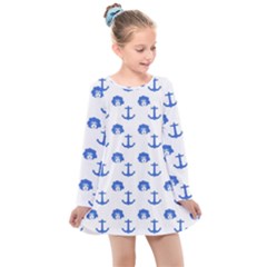 Vintage Face Anchor Blue Kids  Long Sleeve Dress by snowwhitegirl