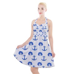 Vintage Face Anchor Blue Halter Party Swing Dress 