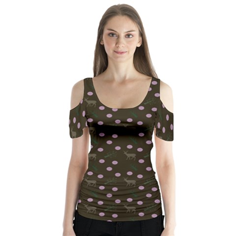 Brown Deer Trees Pattern Butterfly Sleeve Cutout Tee  by snowwhitegirl