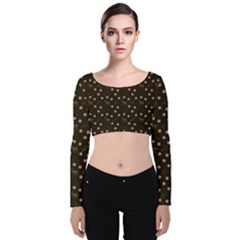 Brown Deer Trees Pattern Velvet Long Sleeve Crop Top