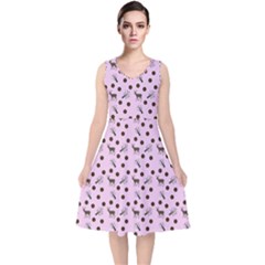 Pink Deer Pattern V-neck Midi Sleeveless Dress 