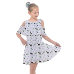 White Deer Pattern Kids  Shoulder Cutout Chiffon Dress