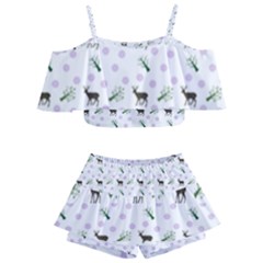 White Deer Pattern Kids  Off Shoulder Skirt Bikini