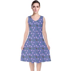 Blue Deer Pattern V-neck Midi Sleeveless Dress 