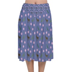 Blue Deer Pattern Velvet Flared Midi Skirt