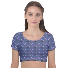 Blue Deer Pattern Velvet Short Sleeve Crop Top 