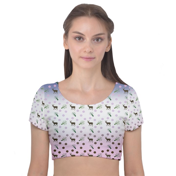 Ombre Deer Pattern Velvet Short Sleeve Crop Top 