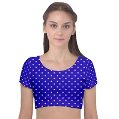 Little  Dots Royal Blue Velvet Short Sleeve Crop Top 