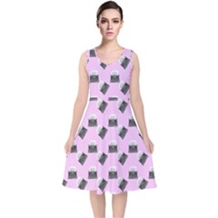 Retro Typewriter Pink Pattern V-neck Midi Sleeveless Dress 