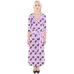 Retro Typewriter Pink Pattern Quarter Sleeve Wrap Maxi Dress