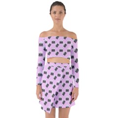 Retro Typewriter Pink Pattern Off Shoulder Top With Skirt Set