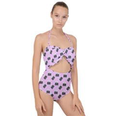 Retro Typewriter Pink Pattern Scallop Top Cut Out Swimsuit