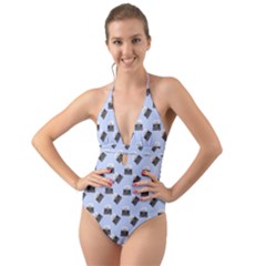 Retro Typewriter Blue Pattern Halter Cut-out One Piece Swimsuit