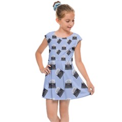 Retro Typewriter Blue Pattern Kids Cap Sleeve Dress by snowwhitegirl