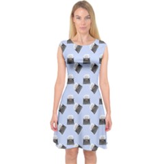 Retro Typewriter Blue Pattern Capsleeve Midi Dress