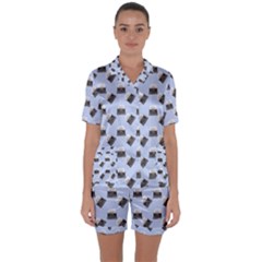 Retro Typewriter Blue Pattern Satin Short Sleeve Pyjamas Set