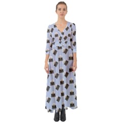 Retro Typewriter Blue Pattern Button Up Boho Maxi Dress