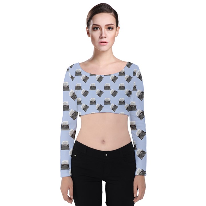 Retro Typewriter Blue Pattern Velvet Long Sleeve Crop Top